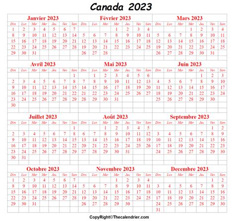 Imprimable Canada 2023 Calendrier Modèle Avec Vacances