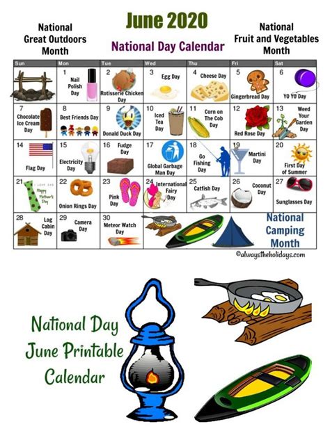 June Printable Calendar Of National Days Fathers Daycamping And
