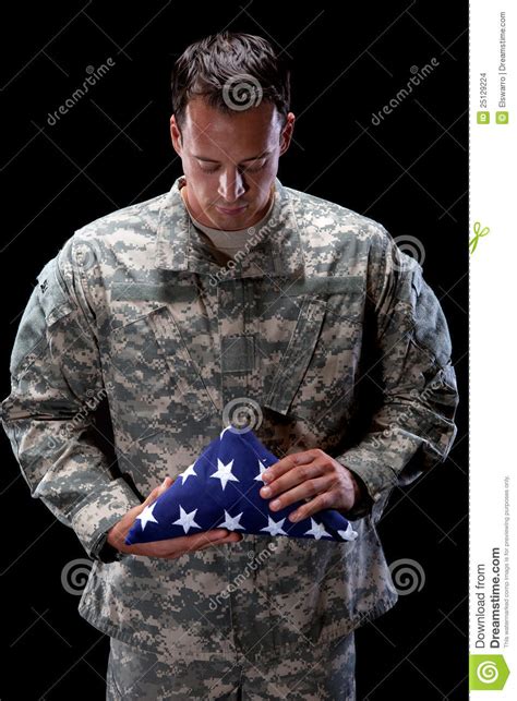 Sad Soldier Holds A Flag Stock Photo Image Of Bravery 25129224