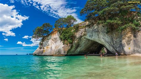 Tapety zdjęcia Jaskinia Skały Morze Nowa Zelandia Region Waikato