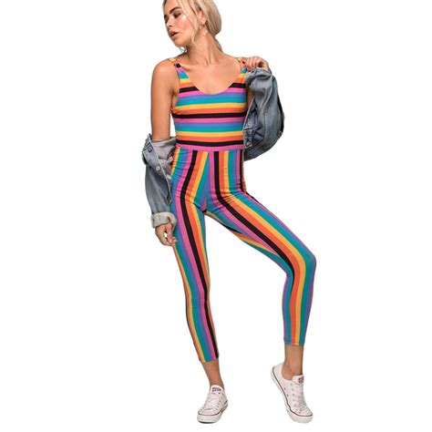 Yjsfg House Vintage Rainbow Striped Jumpsuit Women Romper Backless Sexy