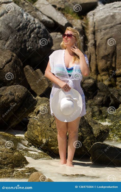 Young Blonde Beautiful Woman At The Beach In Bikini Stock Photo Image