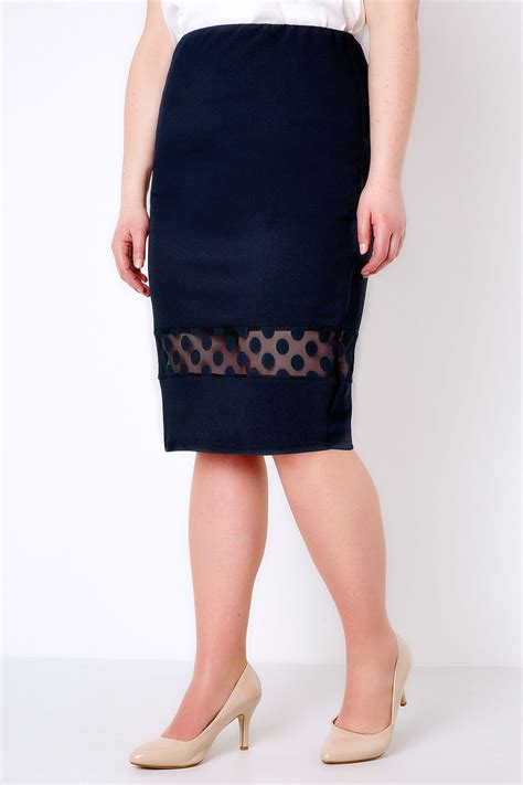 Navy Liverpool Pencil Skirt With Polka Dot Mesh Insert Plus Size 16 To 32