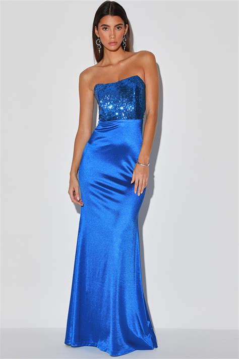 Stunning Blue Maxi Dress Sequin Bodice Gown Strapless Maxi Lulus