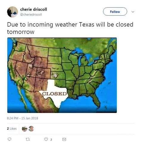Texas is currently experiencing some of the coldest weather it has seen in decades and the pictures coming out from the state show how bad things are. San Antonio 'wins the Internet' with hilarious #AyDiosFrio18 tweets | Texas weather, Texas humor ...