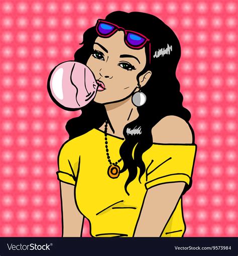 Beautiful Girl Blowing Bubble From Chewing Gum Vector Image