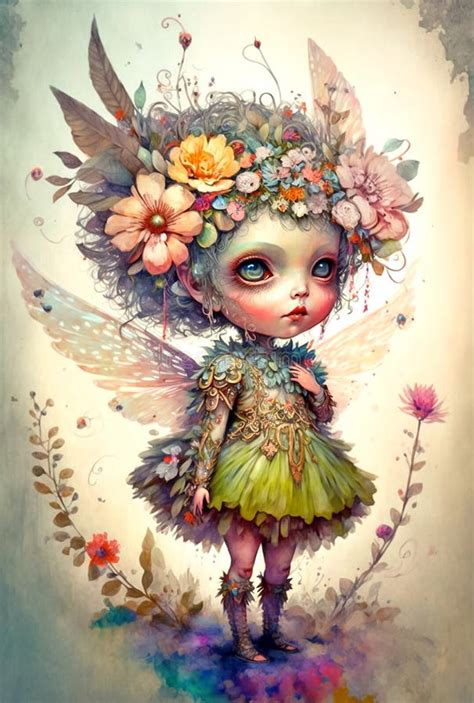 Cute Whimsical Fairy Girl Among Flowers Fantasy Watercolor Painting