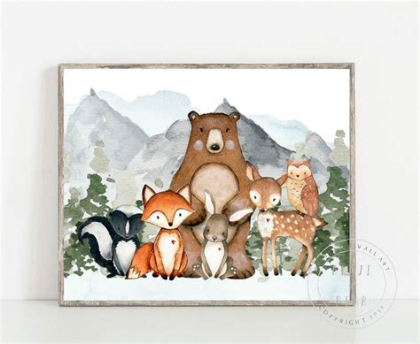 Woodland Animal Art Print Nursery Print Mountain Wall Art Nursery