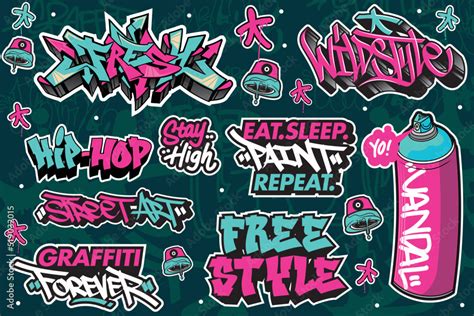 A Set Of Colorful Graffiti Art Sticker Illustrations Cool Graffiti