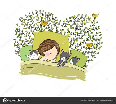 Sleeping Girl And Cat In Bed Good Night — Stock Vector © Natasha