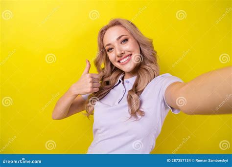 Portrait Of Cheerful Nice Person Toothy Smile Make Selfie Arm Finger Demonstrate Thumb Up