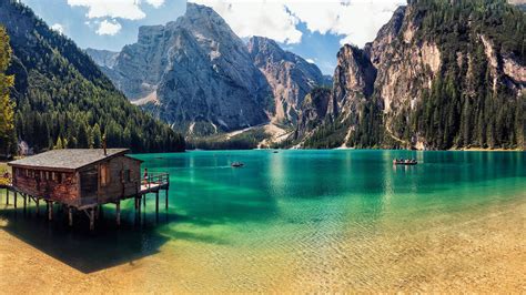 Pragser Wildsee Italy Blue Mountain Lake Clear Water Wooden House On