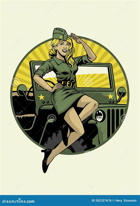 Vintage Military Pin Up Girl Posing On The Car Hood Stock Vector