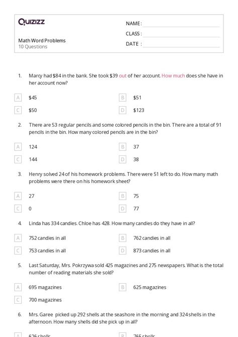 50+ math word problems worksheets for 2nd grade on quizizz