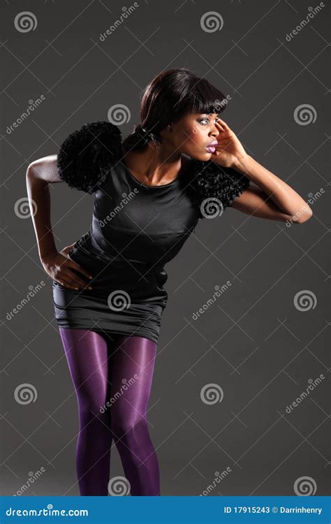 Fashion Model In Purple Tights Black Dress Stock Image Image Of