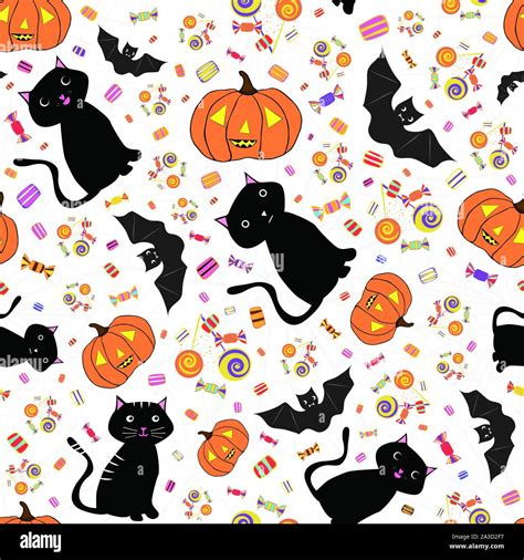 Hand Drawn Halloween Cats Bats Pumpkins And Candy Treats Lively