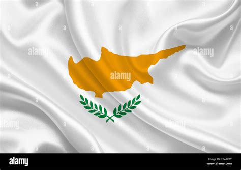 Cyprus Country Flag On Wavy Silk Fabric Background Panorama Stock Photo