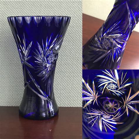 Vintage Cobalt Blue Vase Cut To Clear Crystal Vase Pinwheel Pattern Cut Glass Vase
