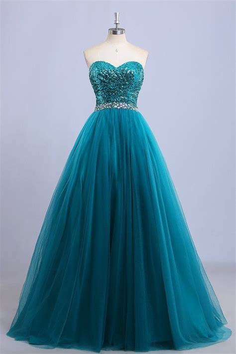 Light Teal Organza Sweetheart Sequins Beading Long Prom Dresses