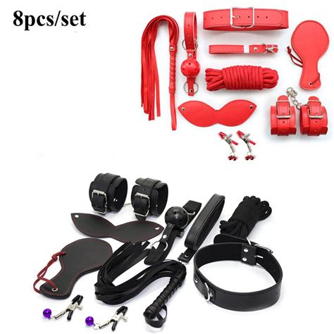 camatech 8pcs leather bondage restraint kit handcuffs ball gag mask collar nipple clamp whip