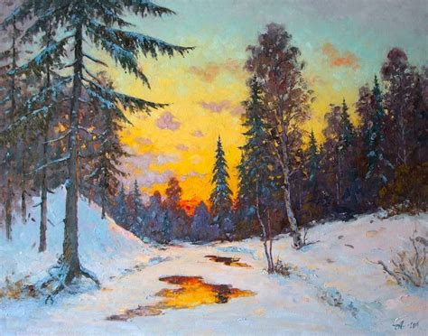 Large Original Russian Forest Winter Snowy Sunset Stream