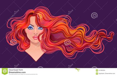 Belle Femme Rousse Avec De Longs Cheveux Onduleux Entrant Dans Le Vent Illustration De Vecteur