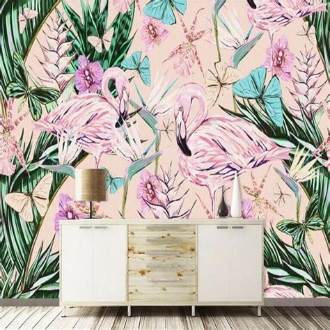 Custom Mural Wallpaper Tropical Plant Pink Flamingo Bvm Home