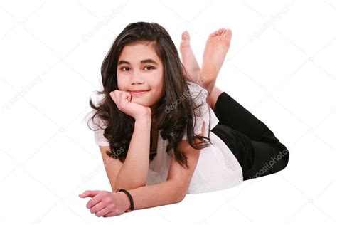 Beautiful Biracial Teen Girl Lying On Floor Relaxing — Stock Photo