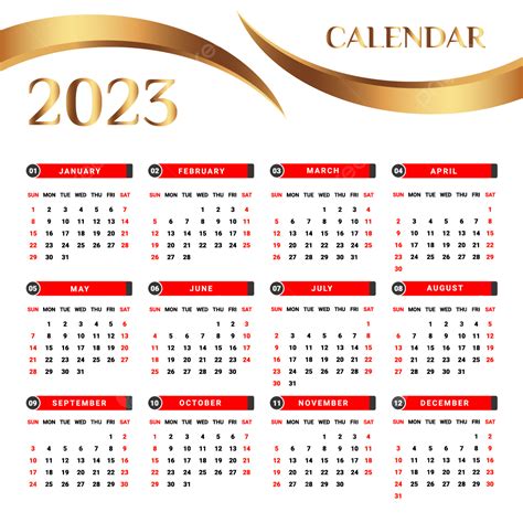 Calendário 2023 Com Estilo único Vermelho Preto E Dourado Png