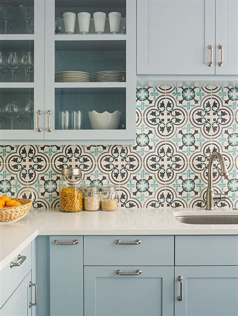 Backsplash Floral Light Blue And Gray With White Countertop And Light