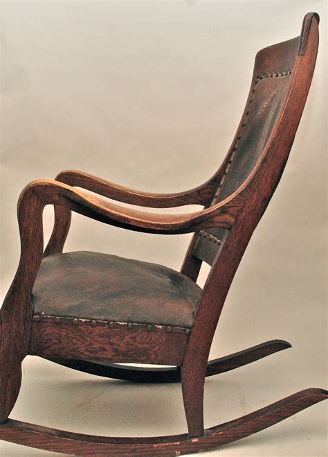 Antique High Back Oak Rocking Chair With Leather Seat And Back Etsy