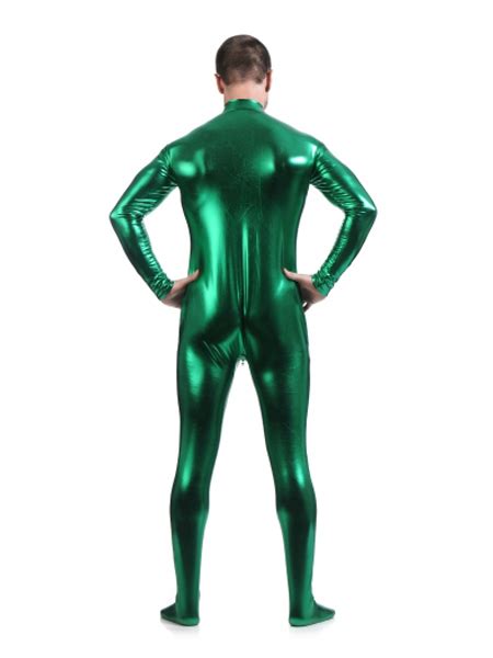 Green Front Zipper Male Shiny Metallic Tight Zentai Catsuit Y14022502 3200