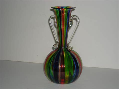 Murano Art Glass Double Handled Candy Stripe Vase Exhausted Rooster