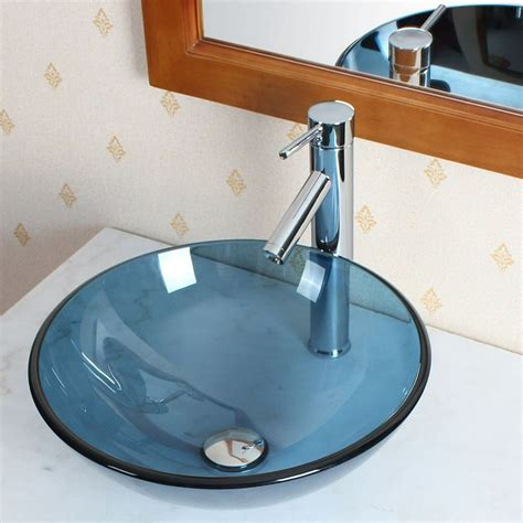 Elite Blue Tinted Transparent Round Glass Bathroom Vessel Sink Bowl