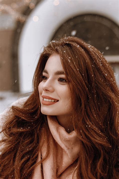 Women Model Anastasia Lis Snow Redhead Long Hair Smiling Looking Away