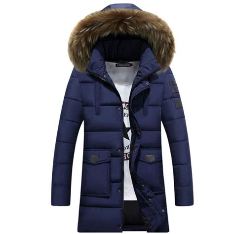 men medium long hooded jackets coat winter thicken warm male outerwear parkas fur collar