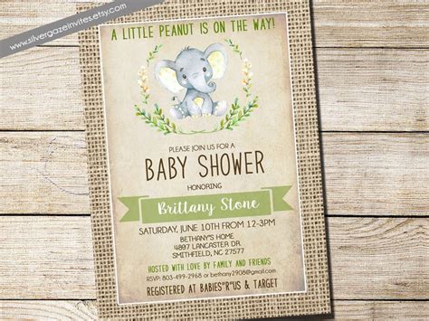 Elephant Baby Shower Invitation Gender Neutral Burlap Rustic Etsy