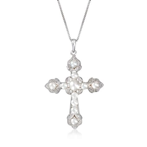 3 6mm Cultured Pearl Cross Pendant Necklace In Sterling Silver Ross