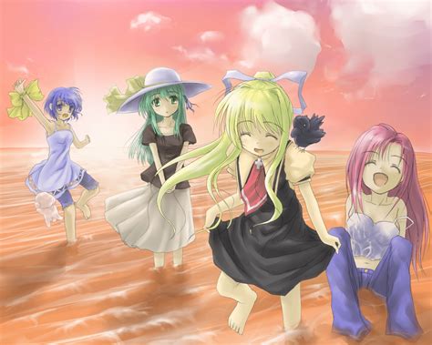 Four Female Anime Character At Beach Illustration Hd Wallpaper