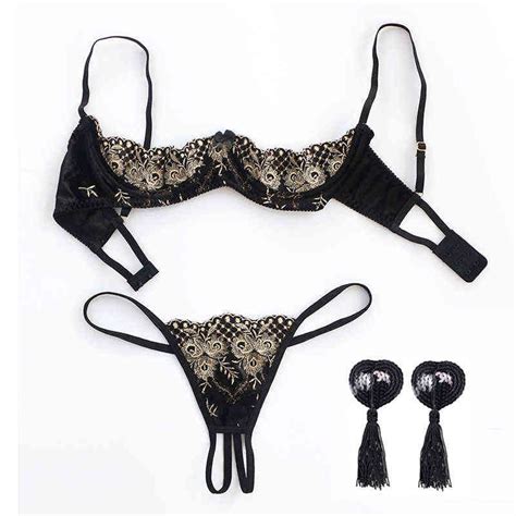 Wholesale Black Lace See Through Bra And Panty Set Sexy Push Up Hollow Out Underwire Embroidery