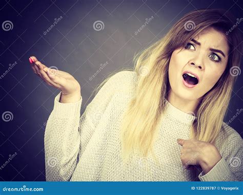 Confused Young Blonde Woman Gesturing With Hands Stock Image Image Of