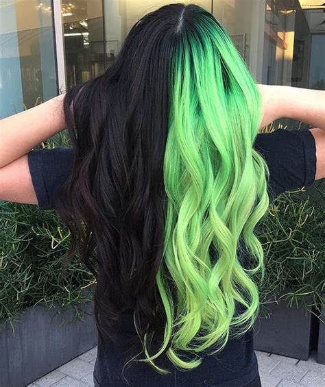 Split Haircolor Black And Neon Green Hair Color For Black Hair
