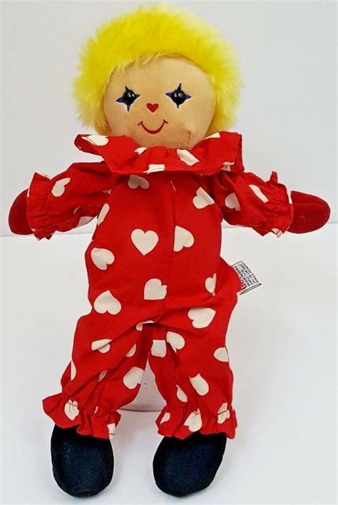 Vintage 1987 Stuffed Clown Doll 12 Plush Soft Yellow Fuzzy Hair Hearts Rare Htf