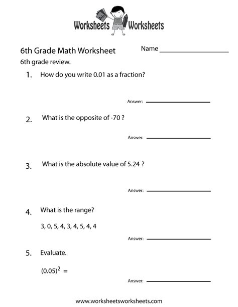Math Worksheet 6th Grade