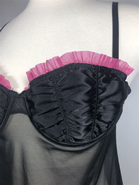 Vintage Sheer Black And Hot Pink Ruffled Bustier Nightgown By Flora’s Follies Shop Thrilling