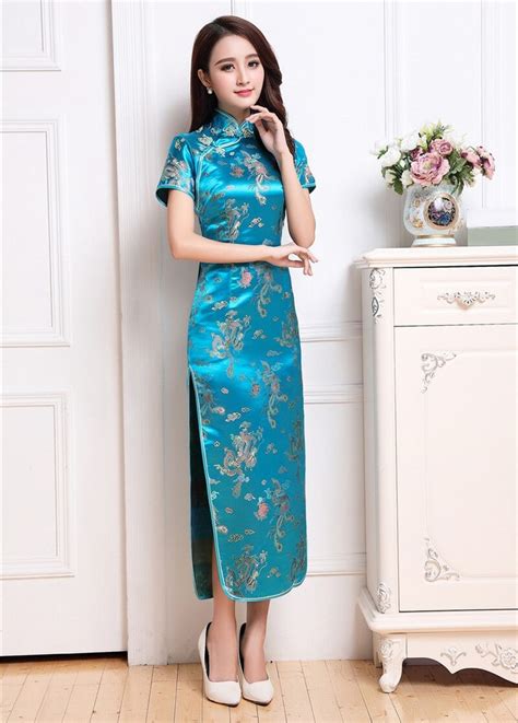Light Blue Vintage Chinese Womens Long Cheongsam Novelty Satin Qipao Dress Classic Mujer Vestido