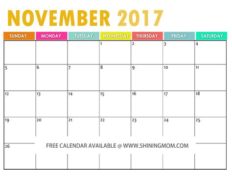 Free Printable November 2017 Calendar