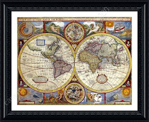 Antique Old Vintage V1 By World Map Framed Canvas Wall Art Print Hd
