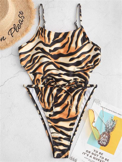 [57 off] 2020 zaful tiger print high cut one piece tie waist swimsuit in multi a zaful