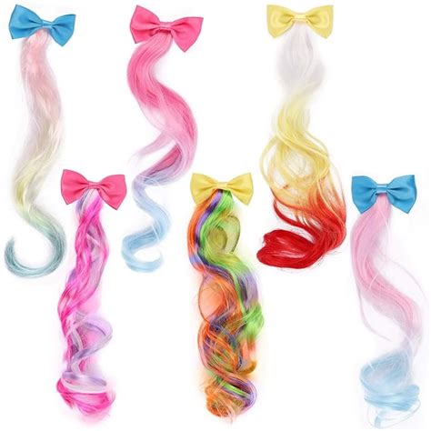 6 Pcs Colored Kids Hair Extensions With Cute Clips Bows